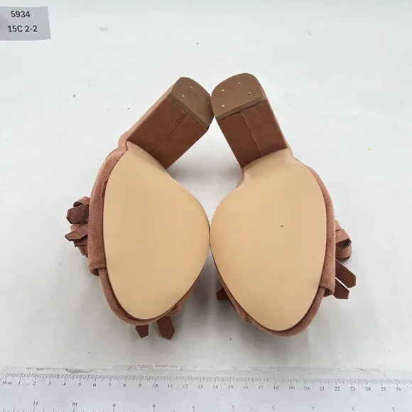 XYD Tan Open Toe Mules with Fringe High Chunky Heels Summer Slides Sandal - Picture 7 of 8